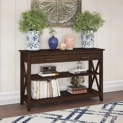 Bush Furniture Key West 47" X 16" Console Table With Drawers And Shelves, Bing Cherry (KWT248BC-03)