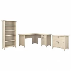 Bush Furniture Salinas 60W L Shaped Desk With Lateral File Cabinet And 5 Shelf Bookcase, Antique White (SAL003AW)
