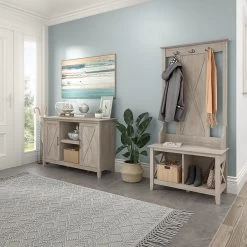 Bush Furniture Key West 66" Entryway Storage Set With Hall Tree, Shoe Bench, And 2-Door Cabinet, Washed Gray (KWS054WG)