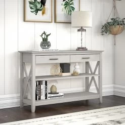 Bush Furniture Key West 47" X 16" Console Table With Drawers And Shelves, Linen White Oak (KWT248LW-03)