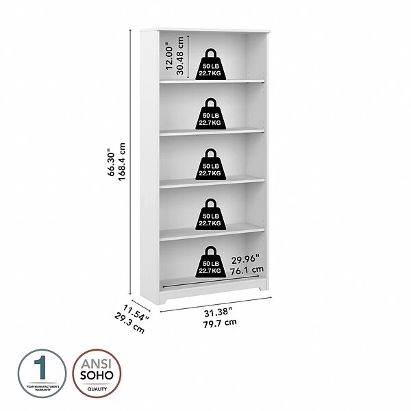 Bush Furniture Cabot 66.3" 5-Shelf Bookcase, White (WC31966) 4 Bush Furniture Cabot 66.3" 5-Shelf Bookcase, White (WC31966) - Image 4