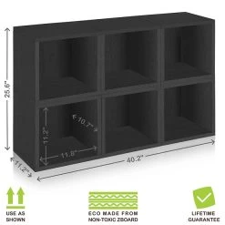 Way Basics 25.6"H X 40.2"W 6 Stackable Modular Modern Eco Storage Cube System Cubby Organizer, Black Wood Grain (PS-MC-6-BK)