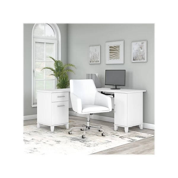 Bush Furniture Somerset 60"W L-Shaped Desk With Mid Back Leather Box Chair, White (SET022WH) 1 Bush Furniture Somerset 60"W L-Shaped Desk With Mid Back Leather Box Chair, White (SET022WH)