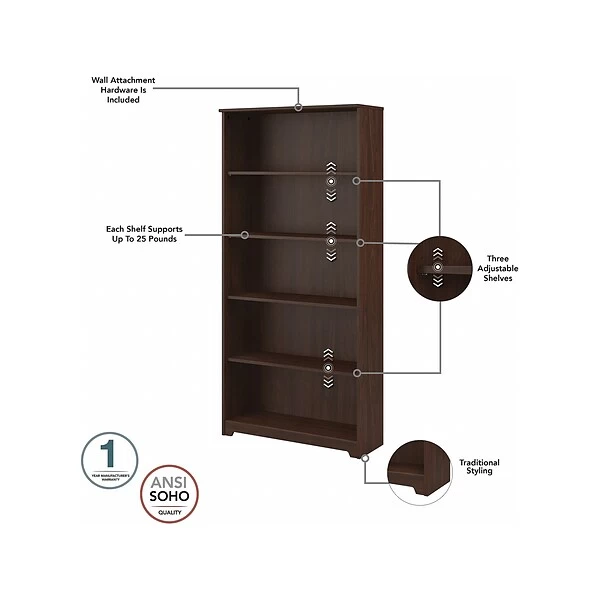 Bush Furniture Cabot 5 Shelf 66"H Bookcase, Modern Walnut (WC31066) 2 Bush Furniture Cabot 5 Shelf 66"H Bookcase, Modern Walnut (WC31066) - Image 2
