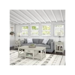 Bush Furniture Key West 47" X 24" Coffee Table With 2 End Tables, Linen White Oak (KWS023LW)