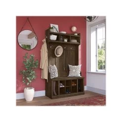 Kathy Ireland® Home By Bush Furniture Woodland 71" Hall Tree And Shoe Bench With 12 Shelves, Ash Brown (WDL002ABR)
