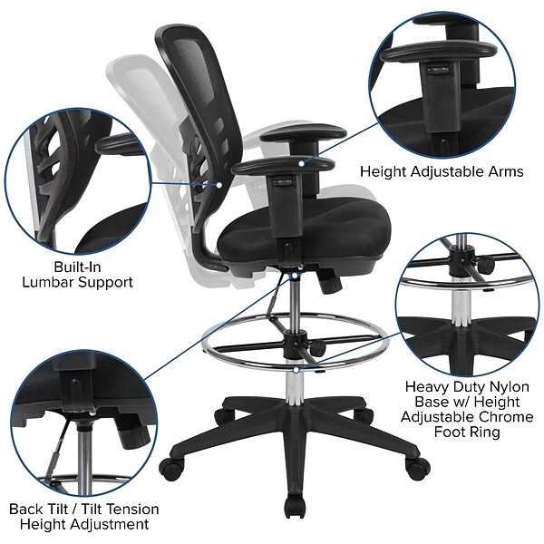 Flash Furniture Nylon Drafting Chair With Lumbar Support, Black (HL-0001-1CBLACK-GG) 4 Flash Furniture Nylon Drafting Chair With Lumbar Support, Black (HL-0001-1CBLACK-GG) - Image 4