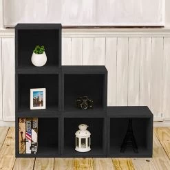 Way Basics 12.8"H X 13.4"W Eco Modular Stackable Storage Cube Modern Cubby Organizer, Black Wood Grain (BS285340320BK) -Home furniture sp125992333 s7