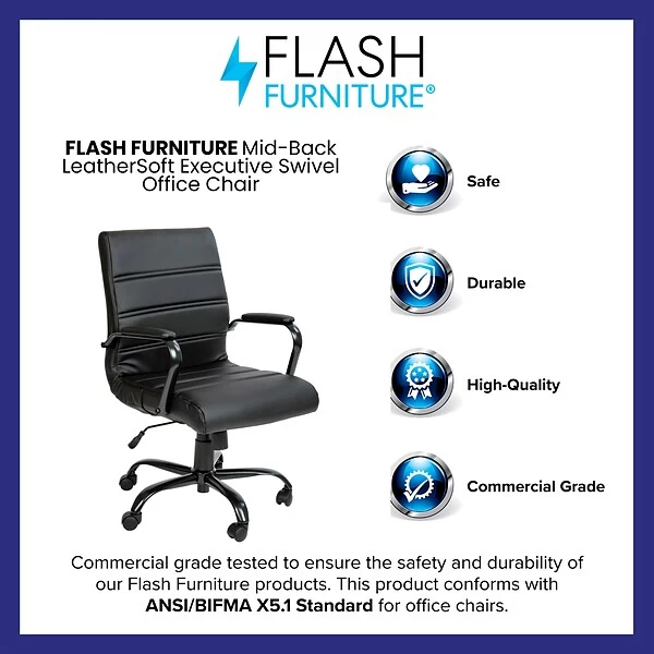 Flash Furniture Whitney Ergonomic LeatherSoft Swivel Mid-Back Executive Office Chair, Black/Black (GO2286MBKBK) 3 Flash Furniture Whitney Ergonomic LeatherSoft Swivel Mid-Back Executive Office Chair, Black/Black (GO2286MBKBK) - Image 3