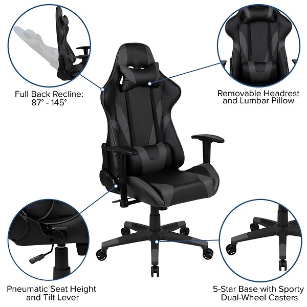 Flash Furniture X20 Ergonomic LeatherSoft Swivel Reclining Gaming Chair, Gray (CH1872301GY) 4 Flash Furniture X20 Ergonomic LeatherSoft Swivel Reclining Gaming Chair, Gray (CH1872301GY) - Image 4
