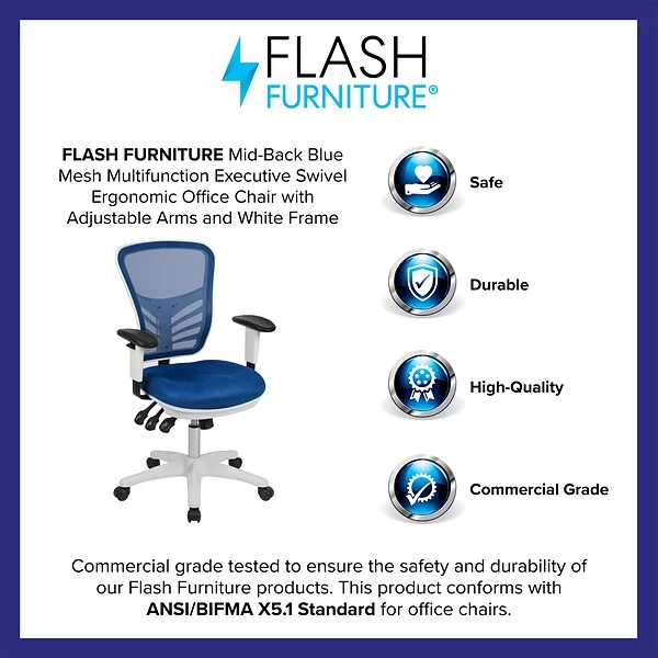 Flash Furniture Nicholas Ergonomic Mesh Swivel Mid-Back Multifunction Executive Office Chair, Blue/White Frame (HL0001WHBLUE) 3 Flash Furniture Nicholas Ergonomic Mesh Swivel Mid-Back Multifunction Executive Office Chair, Blue/White Frame (HL0001WHBLUE) - Image 3