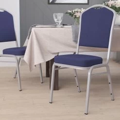 Flash Furniture HERCULES Series Crown Back Stacking Banquet Chair With Navy Fabric And 2.5'' Thick Seat, Silver Frame