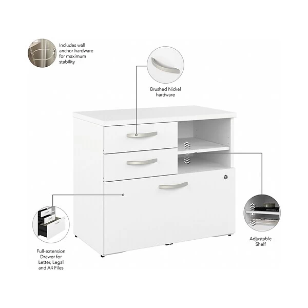 Bush Business Furniture Hybrid 26" Office Storage Cabinet With Drawers And 2 Shelves, White (HYF130WHSU-Z) 2 Bush Business Furniture Hybrid 26" Office Storage Cabinet With Drawers And 2 Shelves, White (HYF130WHSU-Z) - Image 2