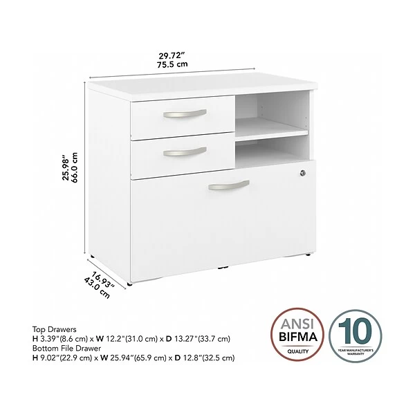 Bush Business Furniture Hybrid 26" Office Storage Cabinet With Drawers And 2 Shelves, White (HYF130WHSU-Z) 3 Bush Business Furniture Hybrid 26" Office Storage Cabinet With Drawers And 2 Shelves, White (HYF130WHSU-Z) - Image 3