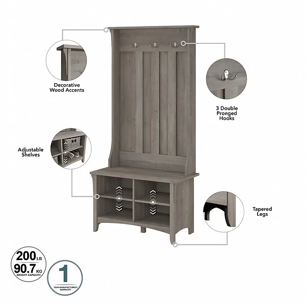 Bush Furniture Salinas 68.11" Storage Set With Hall Tree, Shoe Bench And Accent Cabinet, 5 Shelves, Driftwood Gray (SAL008DG) 3 Bush Furniture Salinas 68.11" Storage Set With Hall Tree, Shoe Bench And Accent Cabinet, 5 Shelves, Driftwood Gray (SAL008DG) - Image 3