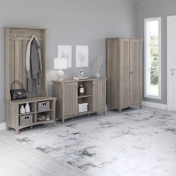 Bush Furniture Salinas 68.11" Storage Set With Hall Tree, Shoe Bench And Cabinets With 10 Shelves, Driftwood Gray (SAL016DG)
