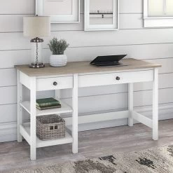 Bush Furniture Mayfield 54" Computer Desk With Shelves, Pure White/Shiplap Gray (MAD154GW2-03)