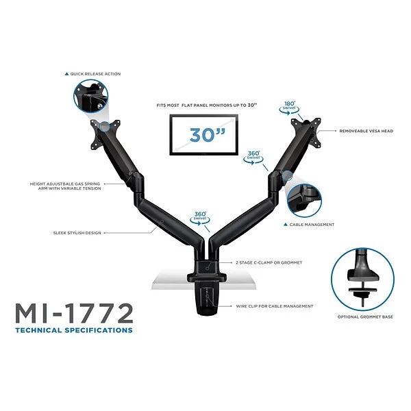 Mount-It! Height Adjustable Dual Monitor Desk Mount Arms For 13"-32" Monitors (MI-1772B) 2 Mount-It! Height Adjustable Dual Monitor Desk Mount Arms For 13"-32" Monitors (MI-1772B) - Image 2