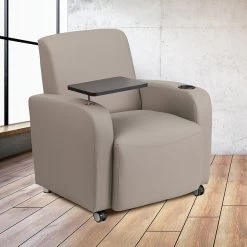 Flash Furniture Leather Guest Chair; Gray W/Tablet Arm, Front Wheel Casters And Cup Holder